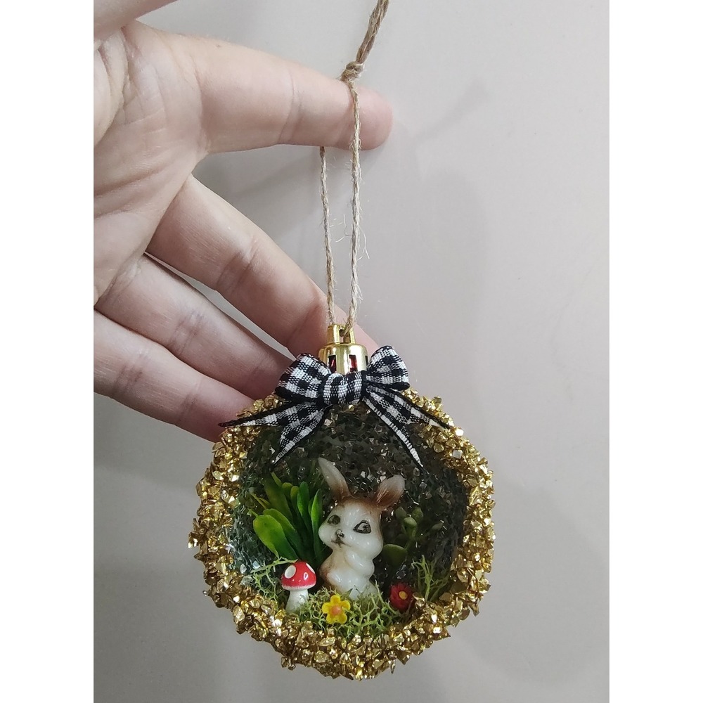 Bunny Rabbit Christmas Ornament Handmade Vtg Style OOAK Shatterproof Diorama